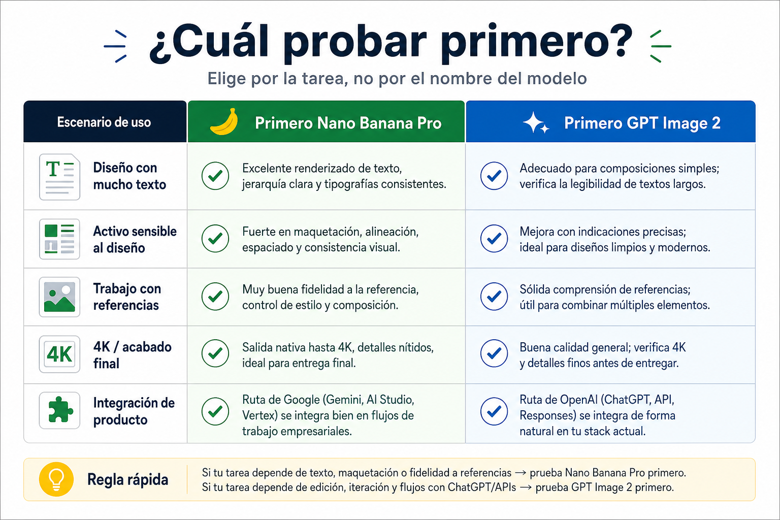 Matriz de tareas para decidir si probar primero Nano Banana Pro o GPT Image 2