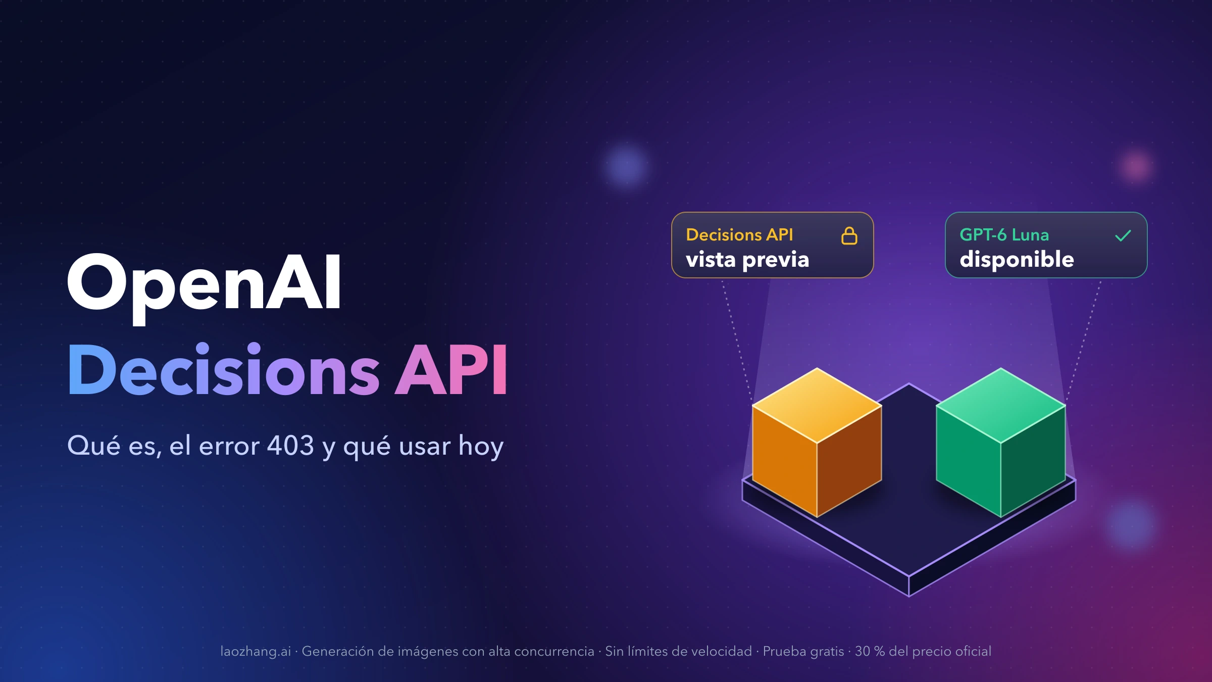 Dos bloques sobre una plataforma: Decisions API en ámbar, marcada como vista previa con un candado, y GPT-6 Luna en verde, marcada como disponible
