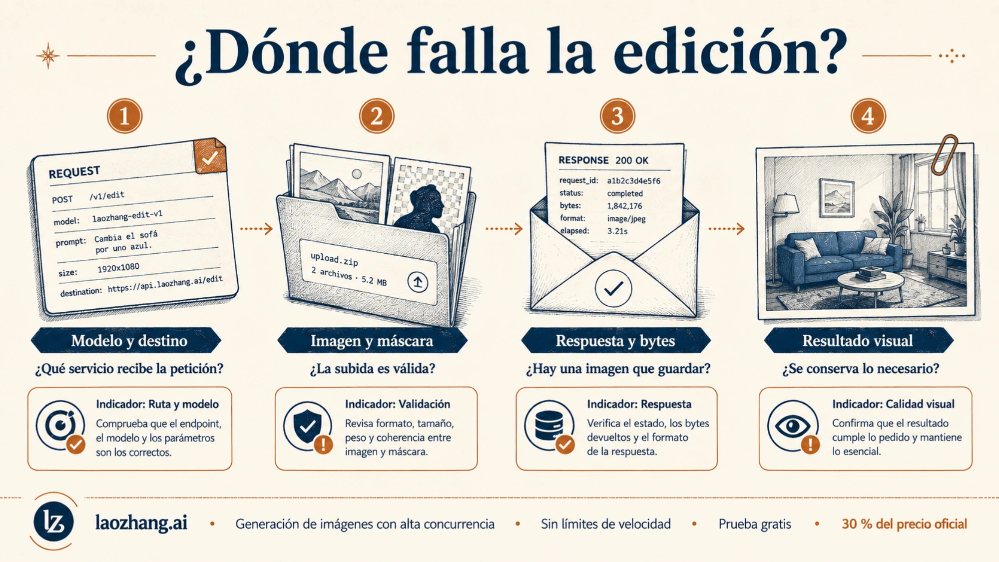 Esquema de las etapas de diagnóstico: petición, archivos, respuesta y resultado visual