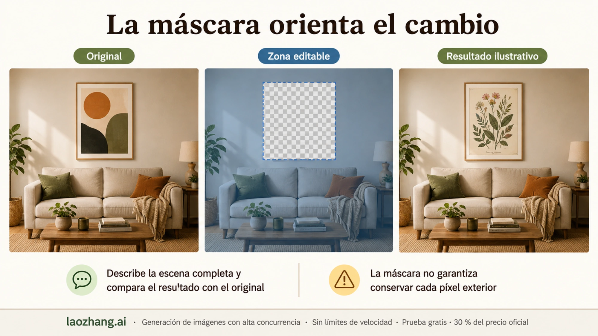 Salón original, selección del cuadro con una máscara y ejemplo ilustrativo del cambio