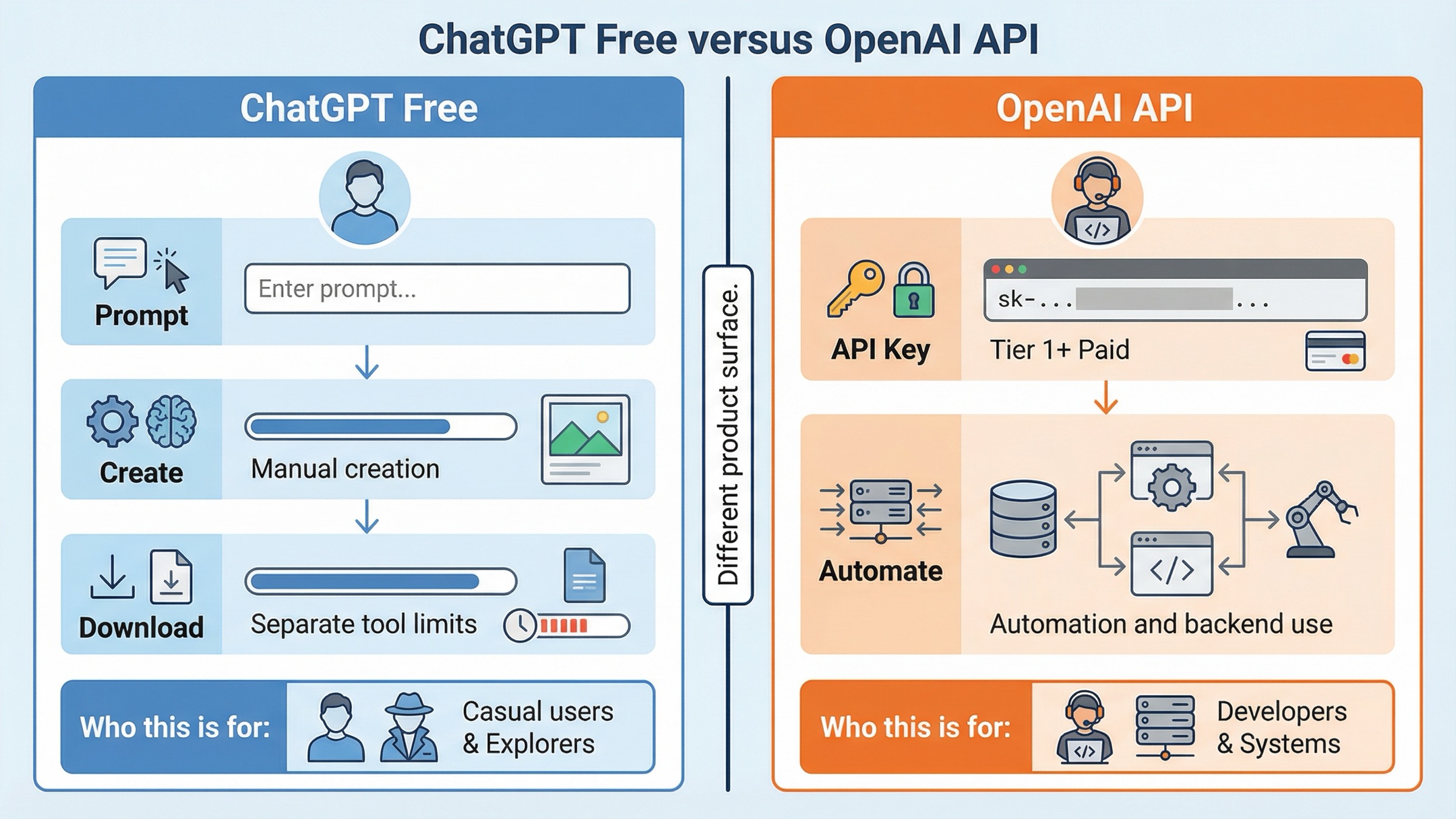 El tablero comparativo muestra ChatGPT Free como una ruta manual de creación de imágenes y la OpenAI API como una ruta de automatización de pago.