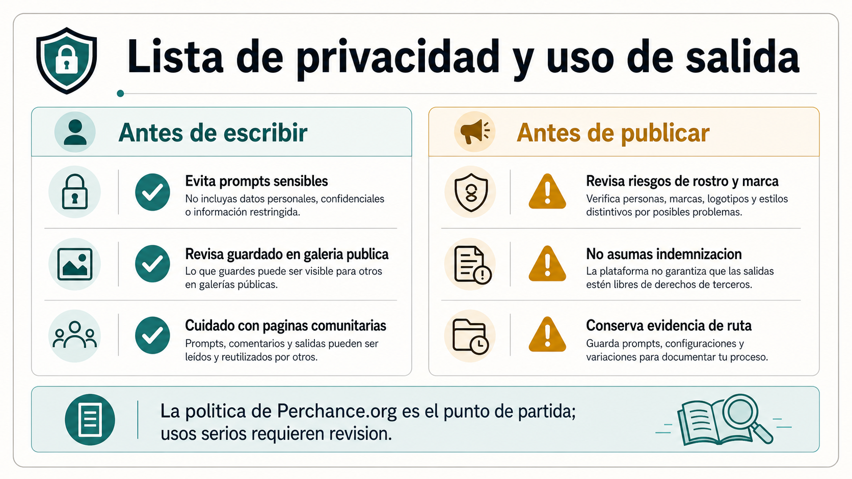 Checklist de privacidad y uso de salida para Perchance: prompts, public gallery, community pages, likeness, brand risk y route evidence