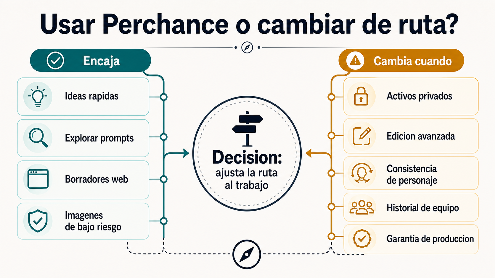 Matriz que muestra cuándo Perchance sirve para ideación casual y cuándo privacy, editing, consistency, team history o production assurance exigen otra ruta