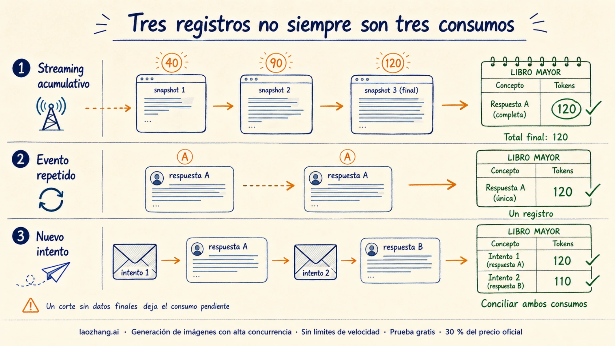 Esquema de actualizaciones acumulativas, eventos repetidos y nuevos intentos al registrar el consumo