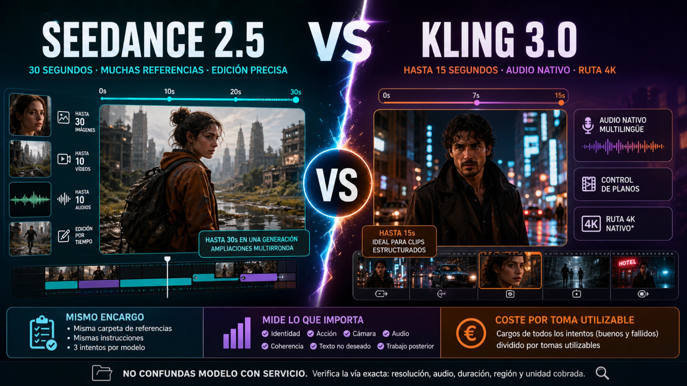 Comparación de Seedance 2.5 y Kling 3.0 por encargo, ruta y coste de una toma utilizable