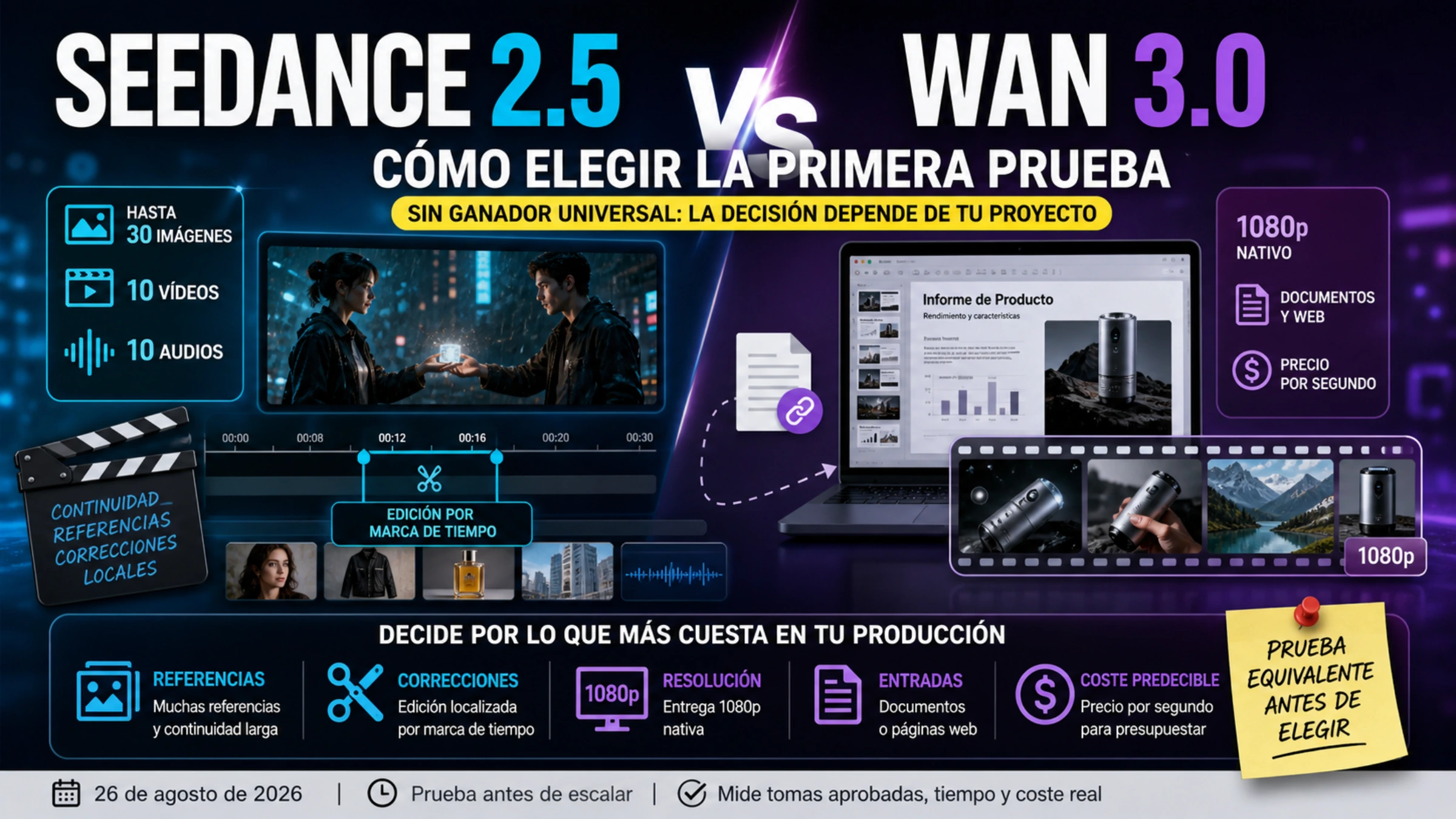 Comparación de Seedance 2.5 y Wan 3.0 por referencias, corrección temporal, 1080p, documentos y coste