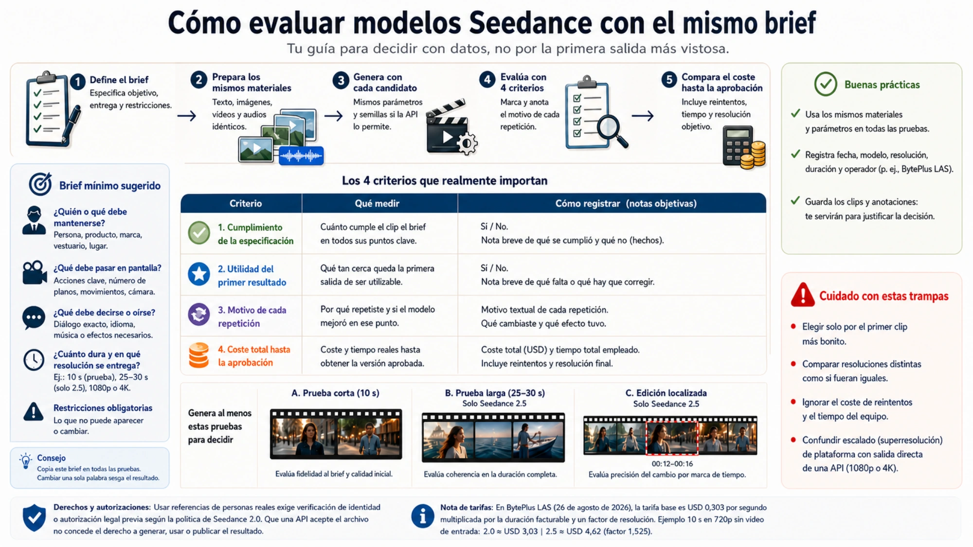 Evaluación Seedance con el mismo brief, desde referencias y requisitos fijos hasta utilidad inicial, motivos de repetición y coste total aprobado