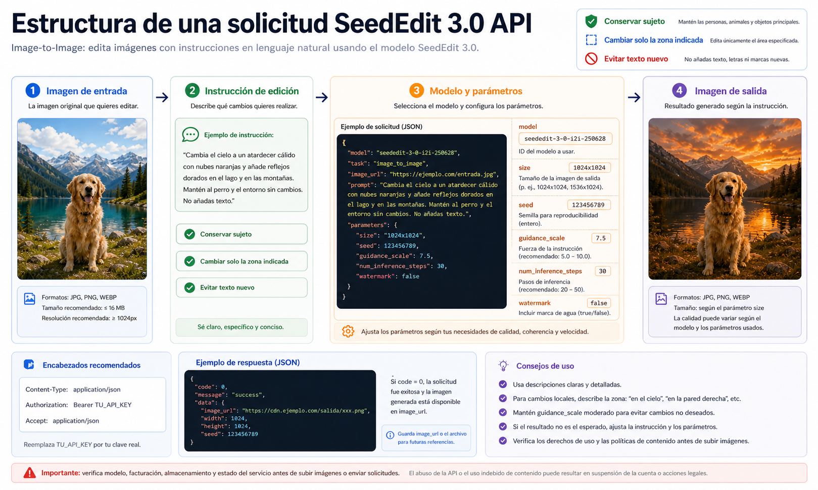Estructura de una solicitud SeedEdit 3.0 API con imagen de entrada, instrucción, modelo, parámetros y salida.