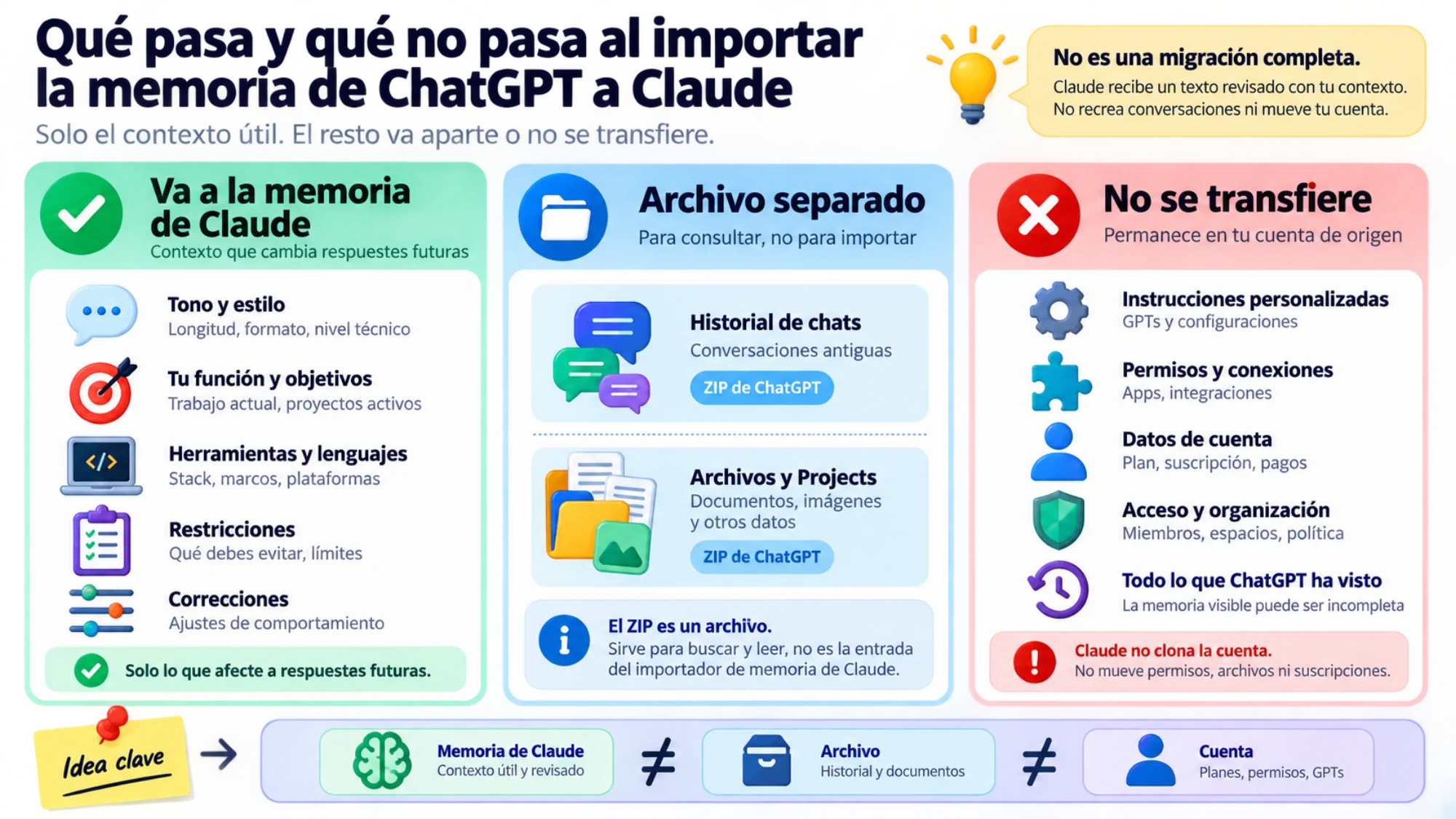Diferencia entre el contexto que puede entrar en la memoria de Claude, el archivo de historial y los datos de cuenta que no se transfieren