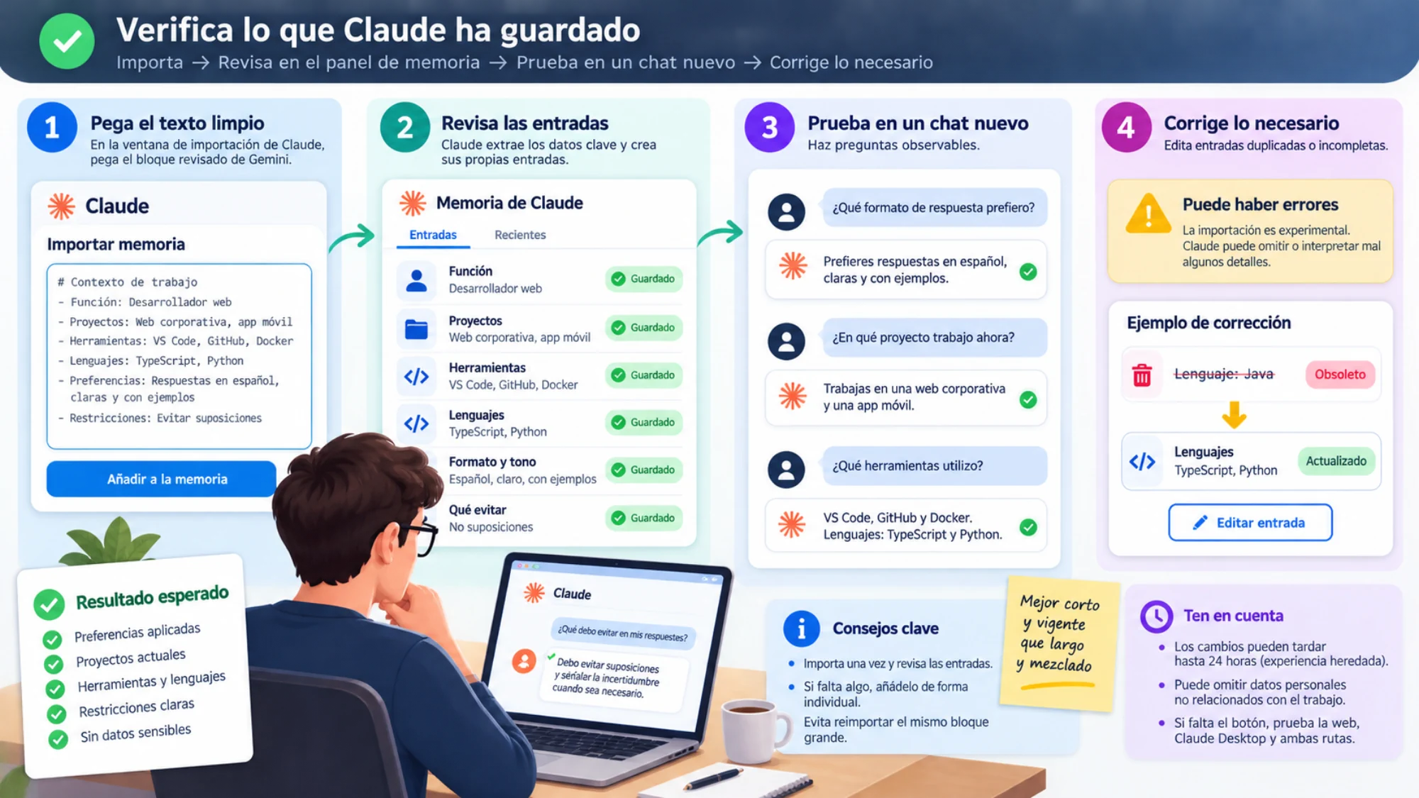 Verificación de la memoria de Claude mediante revisión de entradas, preguntas en un chat nuevo y corrección puntual