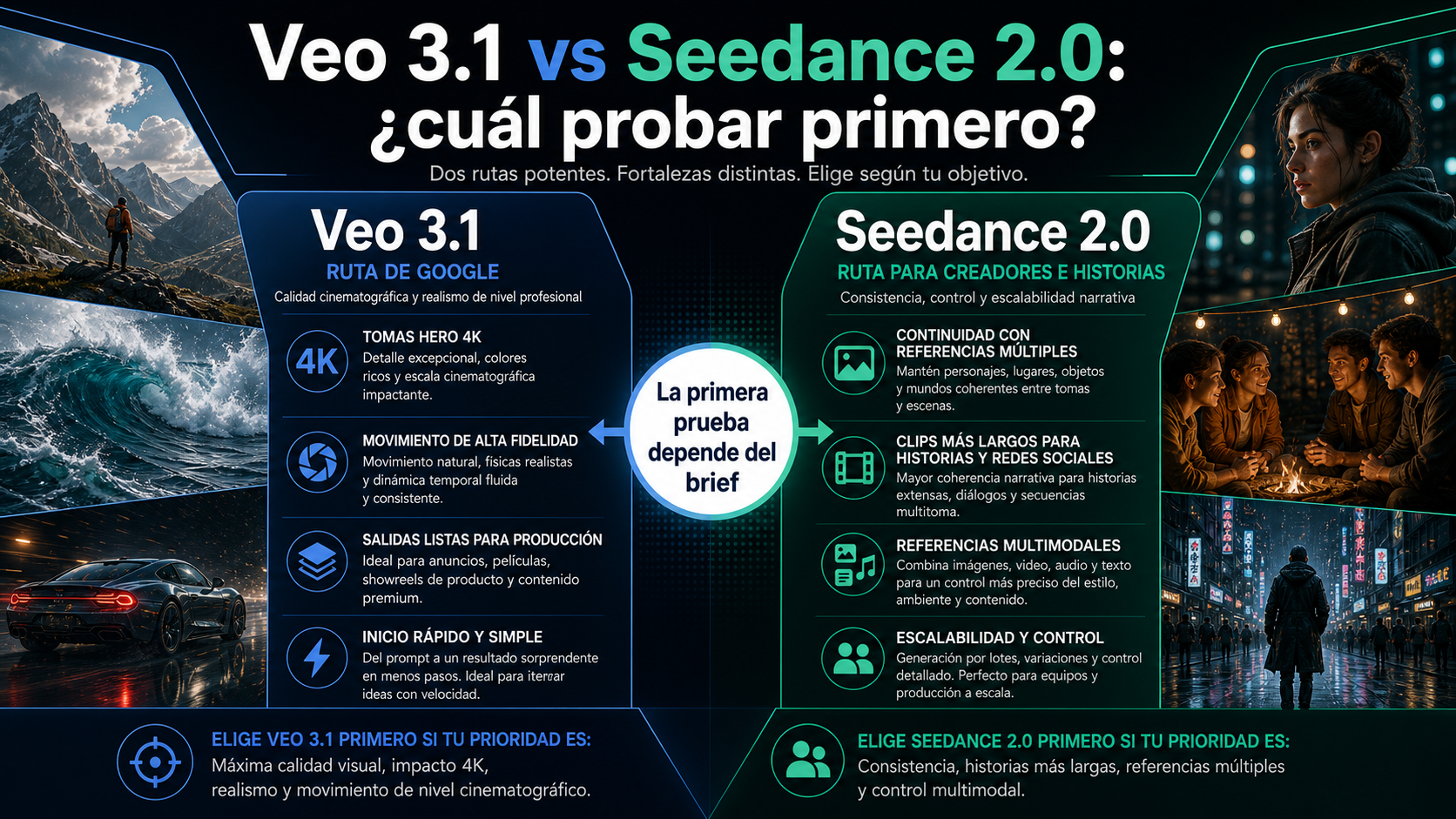 Panel de decisión para elegir si probar primero Veo 3.1 o Seedance 2.0