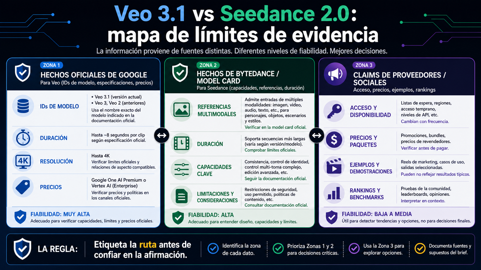 Mapa de límites de evidencia que separa hechos oficiales de Google, hechos de modelo de ByteDance y afirmaciones de proveedores