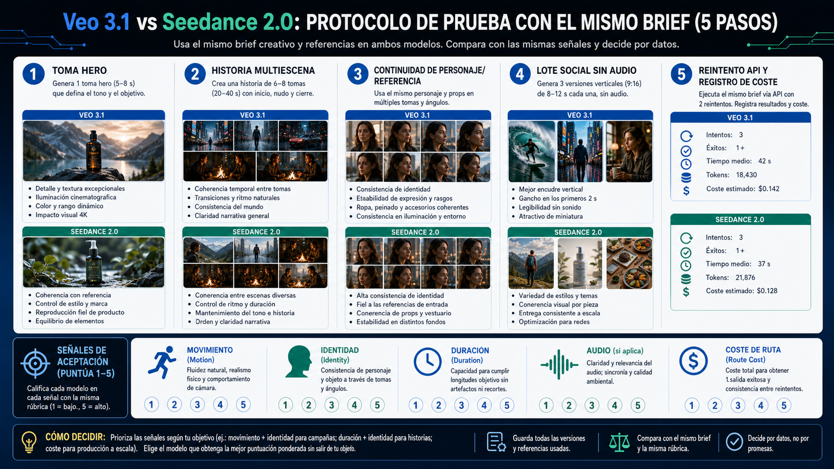 Protocolo de cinco pasos para comparar Veo 3.1 y Seedance 2.0 con el mismo brief