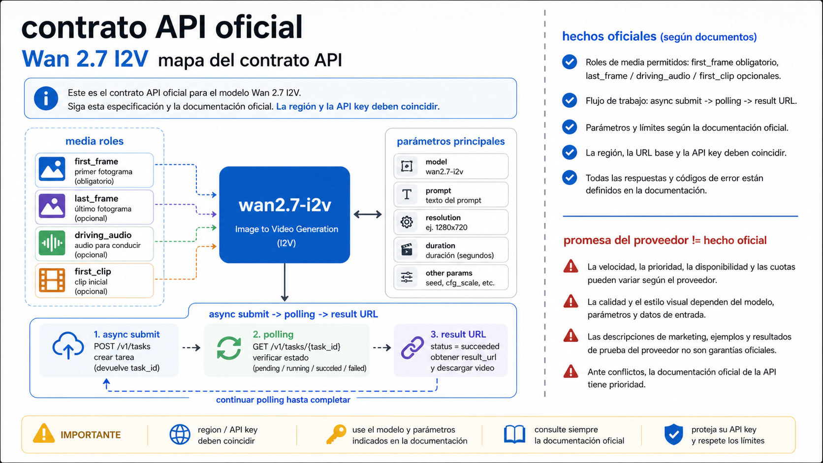 Mapa del contrato oficial de Wan 2.7 imagen a vídeo con flujo asíncrono, roles media y límite entre API oficial y proveedor