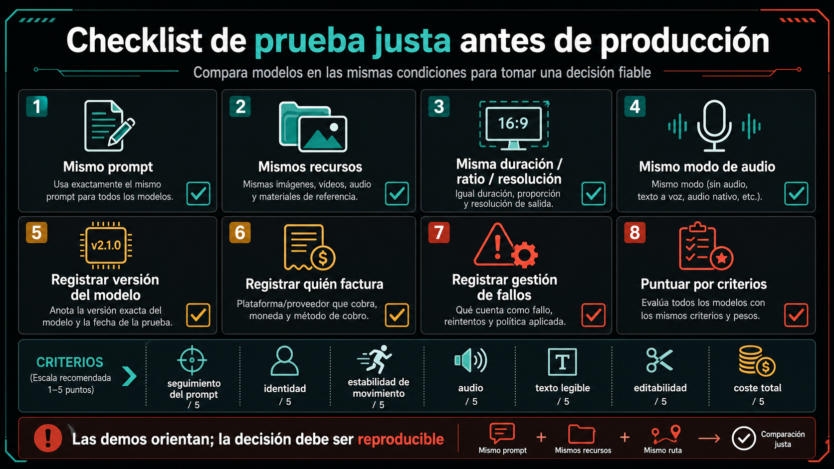 Lista de comprobación con el mismo prompt para comparar Wan 2.7, Kling 3.0 y Seedance 2.0 antes de producción