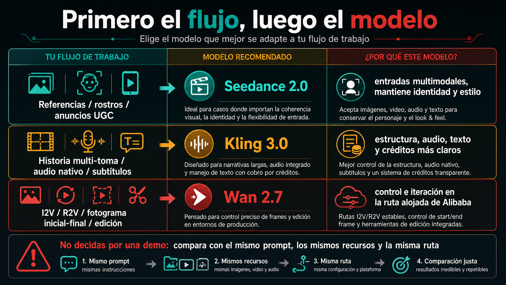 Matriz para elegir cuándo probar primero Seedance 2.0, Kling 3.0 o Wan 2.7