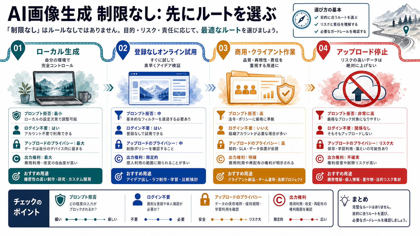 制限が少ないAI画像生成ルートを選ぶための判断ボード
