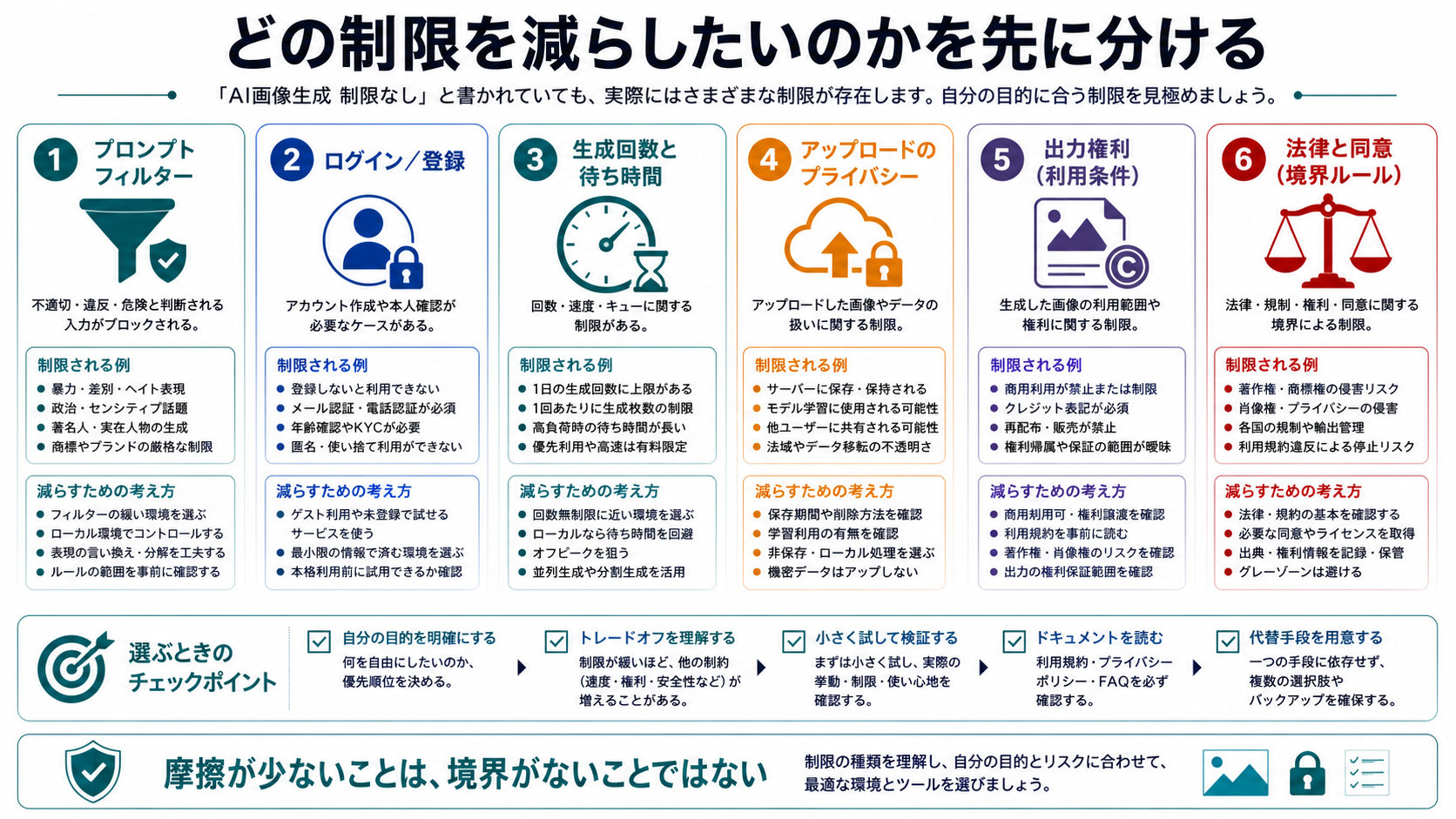 AI画像生成の制限タイプを、フィルター、登録、回数、プライバシー、権利、同意に分けた分類図