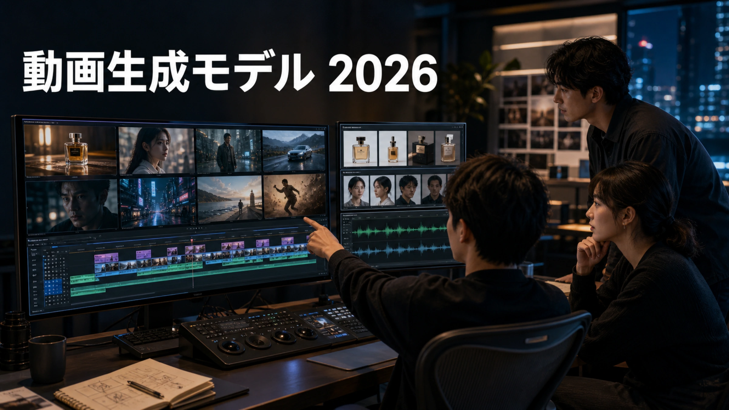 日本の映像制作チームが生成シーン、商品と人物の参照、タイムライン、音声波形を比較する編集スタジオ。見出しは動画生成モデル 2026