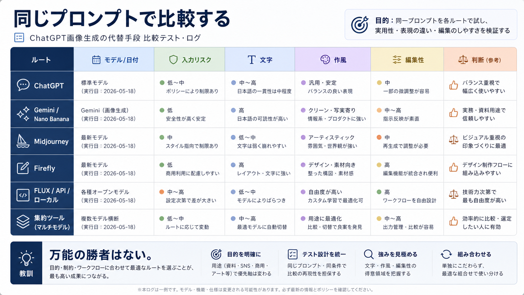 同じプロンプトで代替ツールを比較するためのテスト記録表