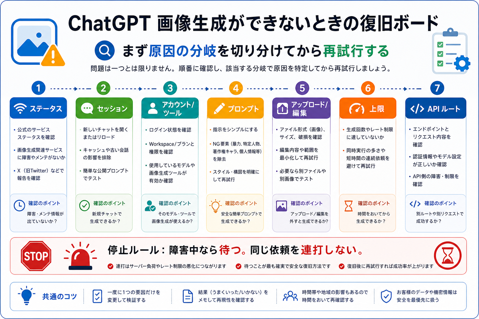 ChatGPTの画像生成トラブルをステータス、セッション、アカウント、プロンプト、アップロード、制限、APIに分ける診断ボード