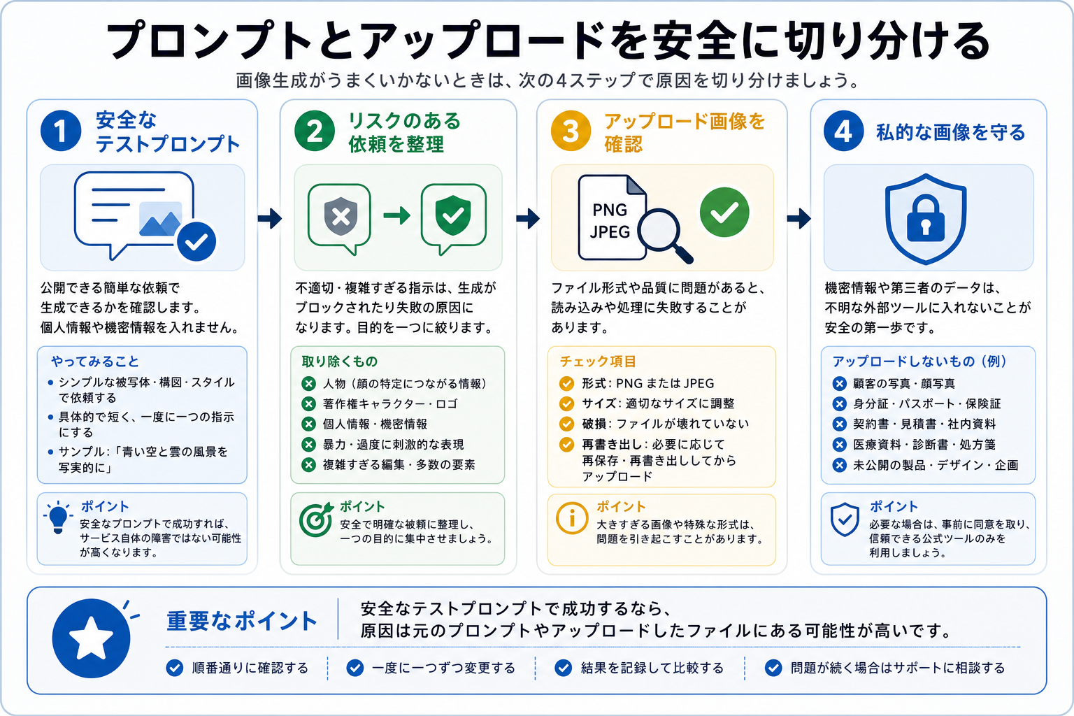 安全なプロンプトテスト、ポリシーに合わせた書き換え、アップロード確認、私的画像の保護を分ける診断パス