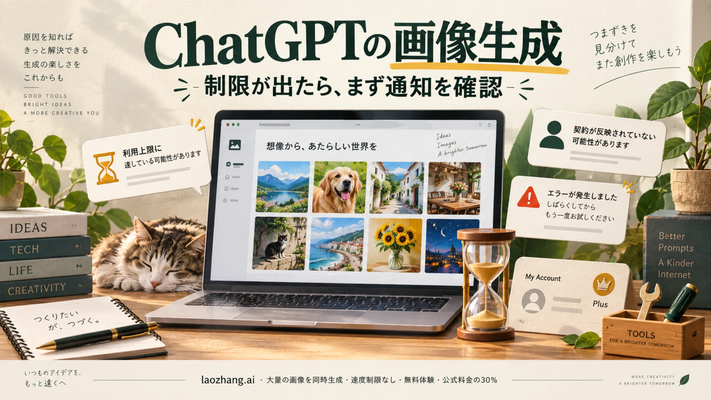 画像生成の画面と、利用上限・アカウント・エラーを示すイラスト