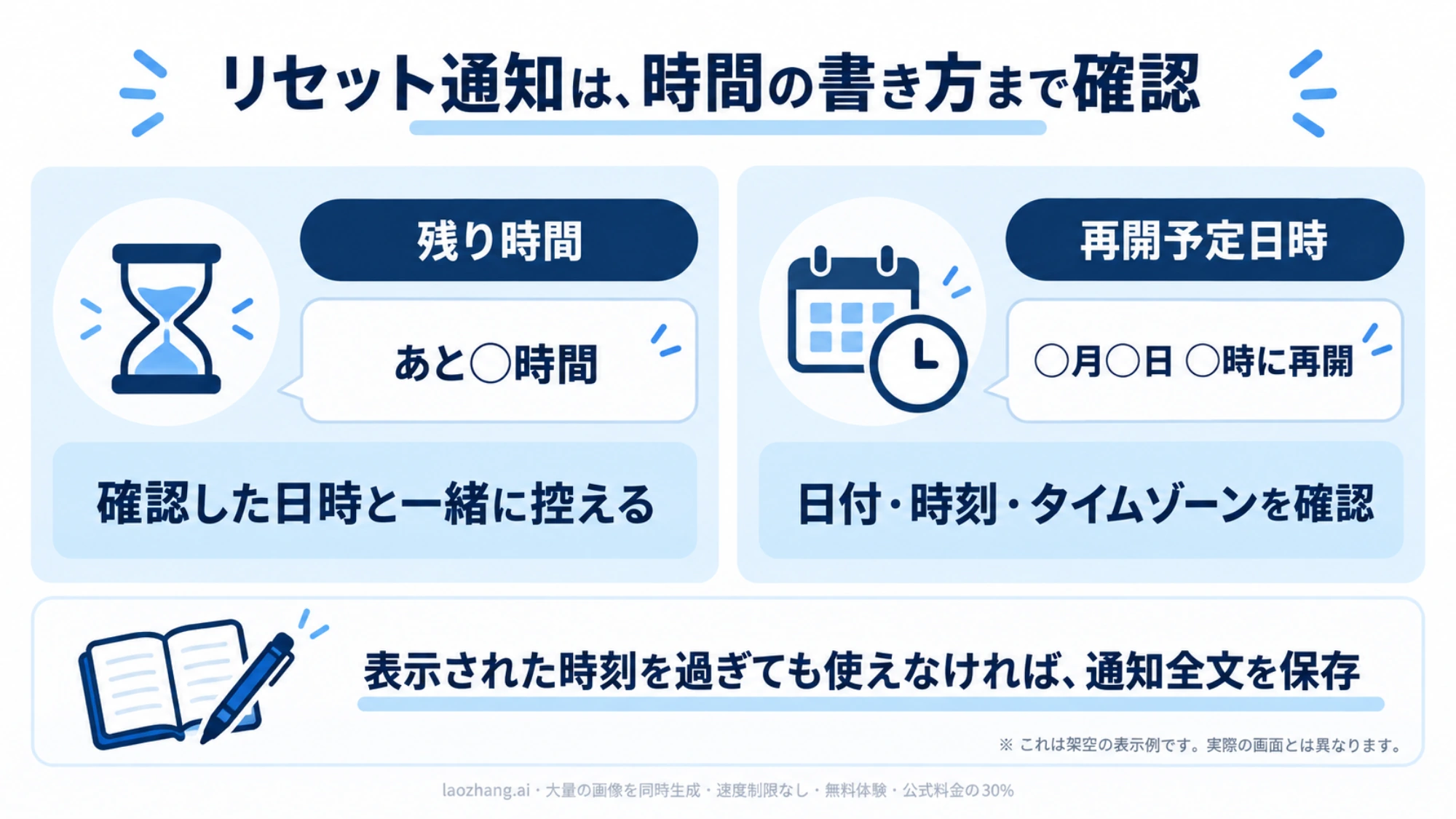 残り時間と再開予定日時の通知を並べた説明図