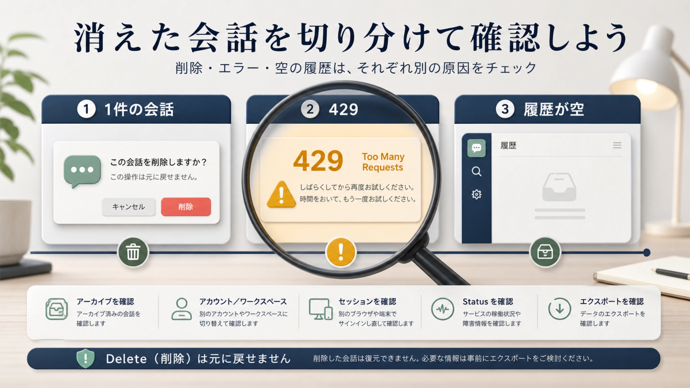 個人情報のない抽象画面で、会話の削除、Too Many Requests、空の履歴を別々の確認対象として示している。