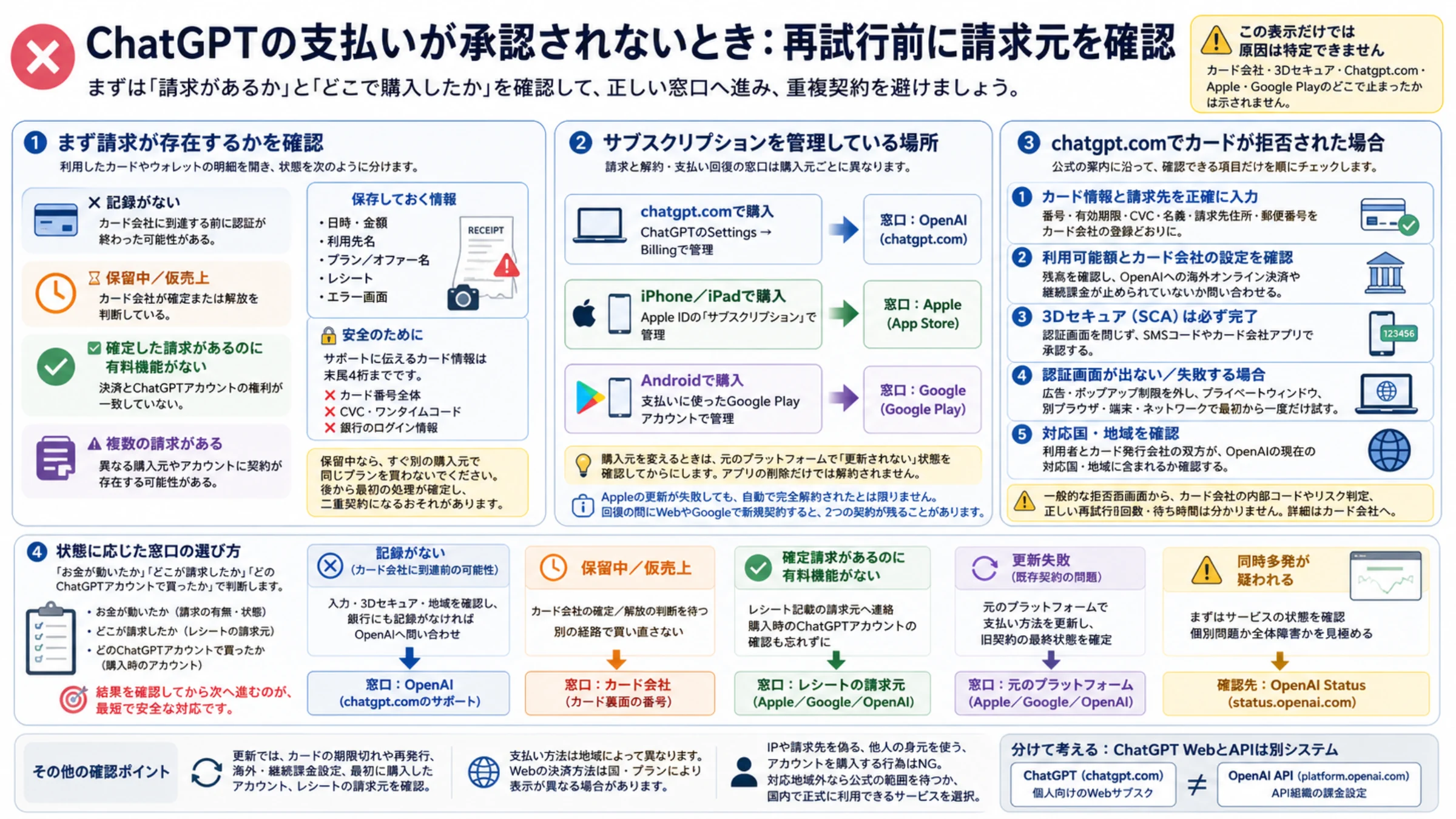 ChatGPTの支払い拒否を、請求状態、購入元、カード確認、正しい問い合わせ先の順に整理した日本語の診断ガイド