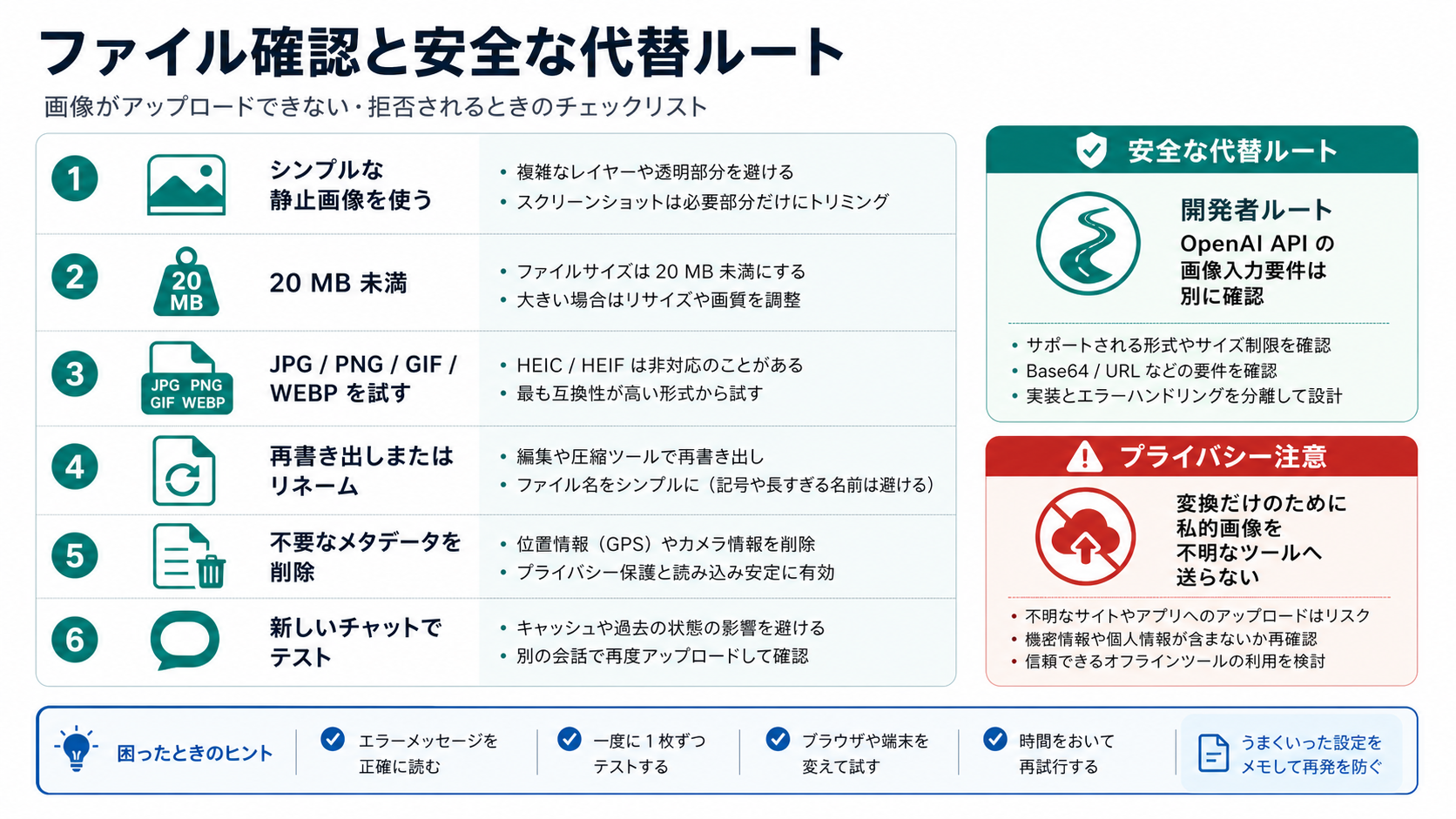 ChatGPT画像アップロードのファイル確認リストと、安全な開発ルートの境界。
