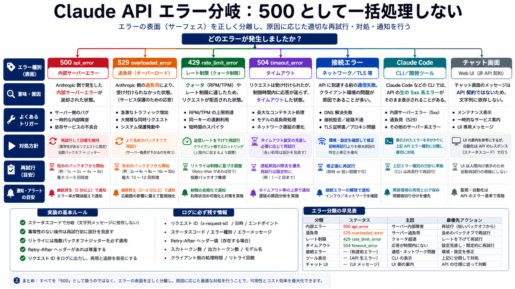 Claude API エラー分岐図。500 api_error、529 overloaded_error、429 rate_limit_error、504 timeout_error、接続エラー、Claude Code、チャット画面を分ける。