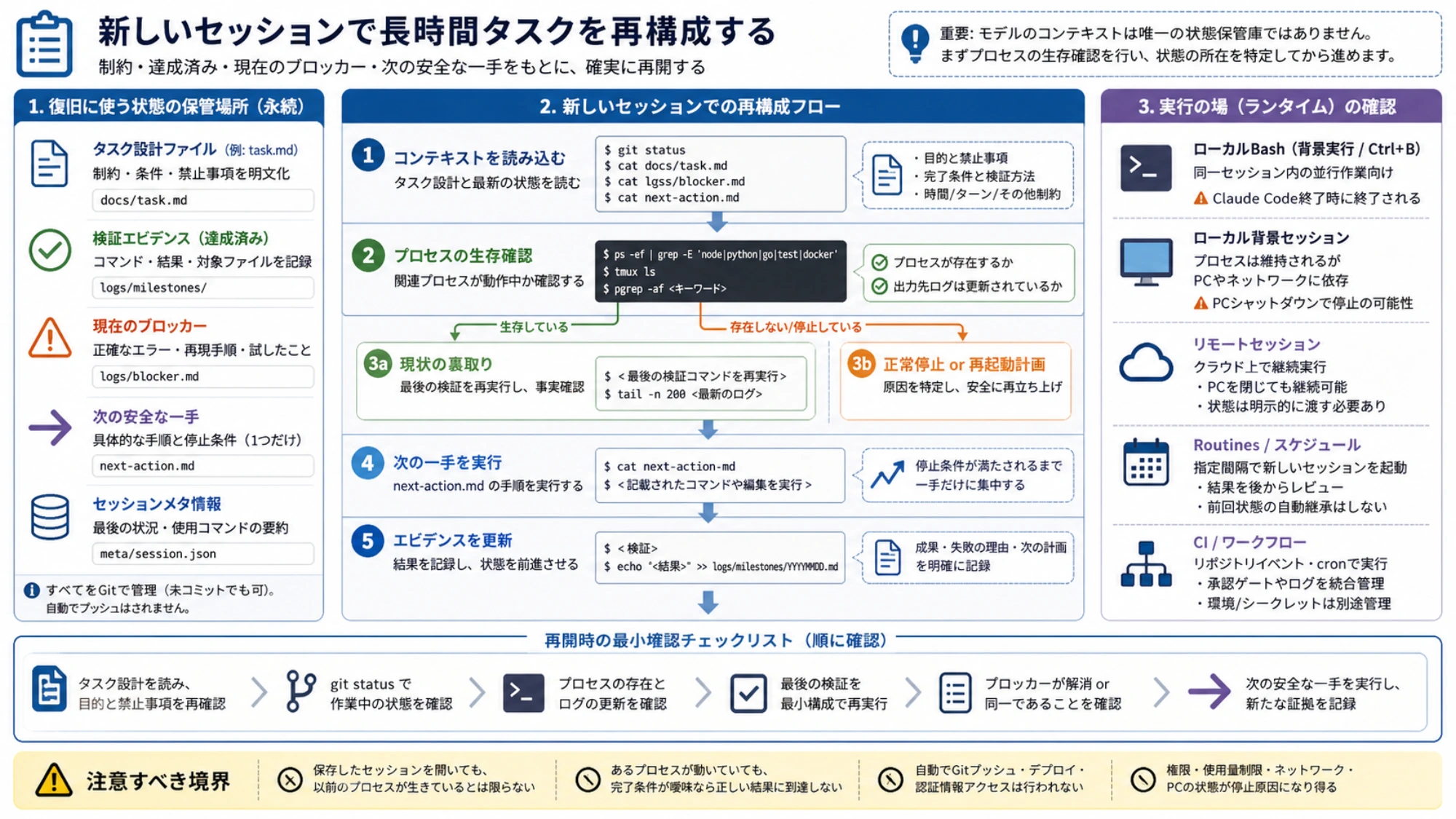 制約、検証済みの進捗、正確なブロッカー、次の安全な操作から長時間タスクを再構成する状態