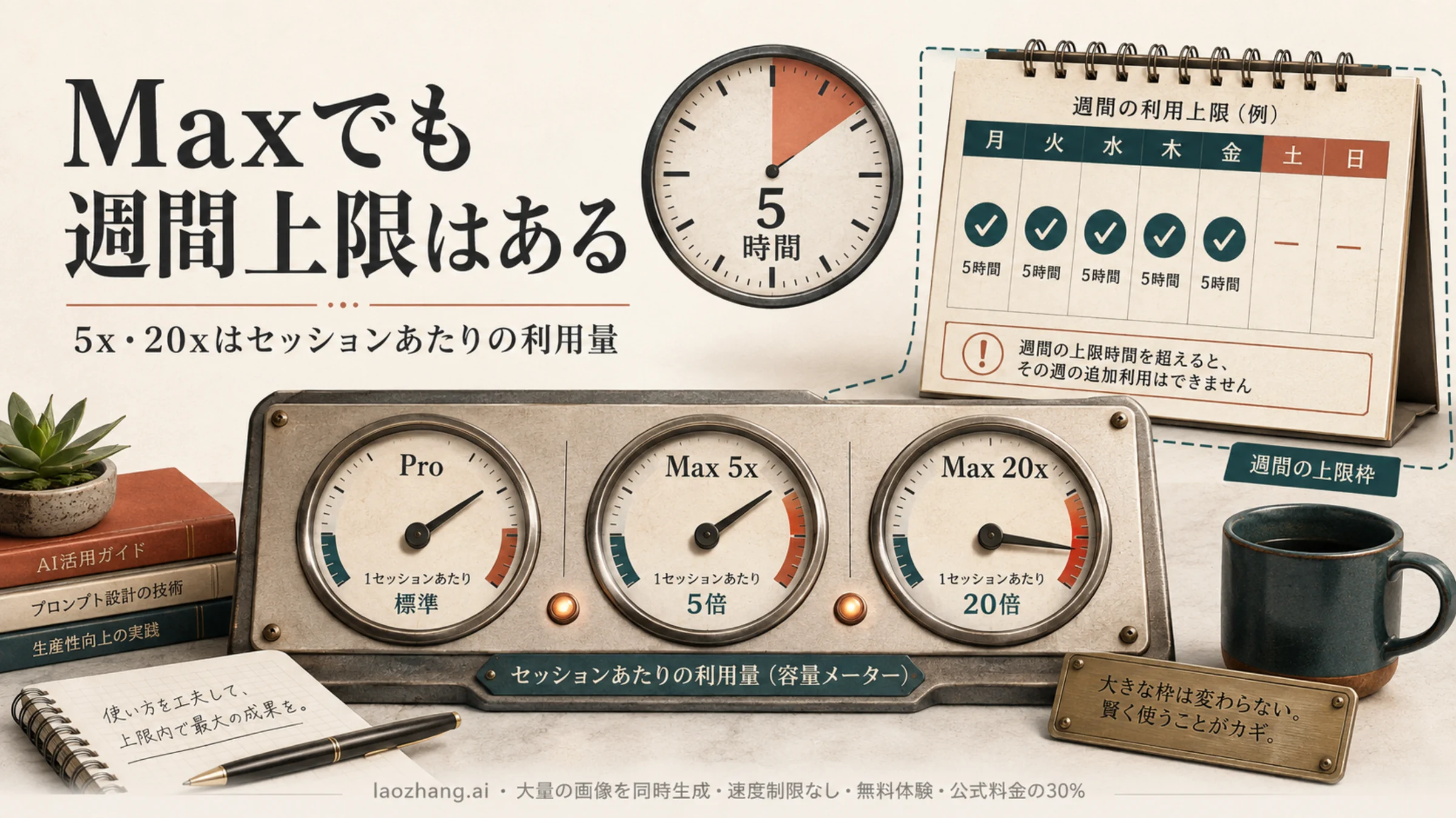 ProとMaxの利用量を表すメーターと、5時間の時計・週間カレンダーのイラスト