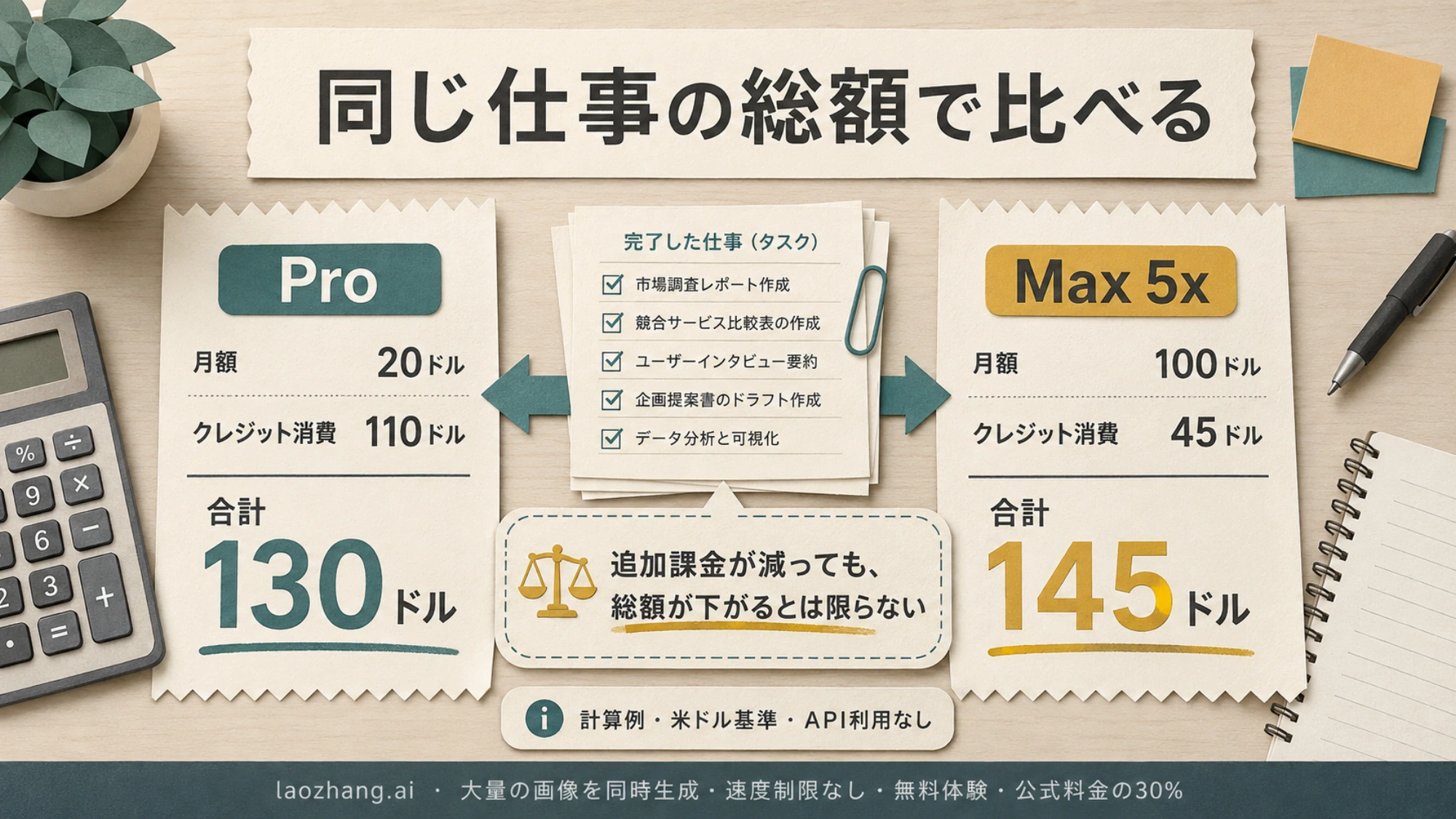 同じ仕事について、ProとMax 5xの月額とクレジット消費額を並べた費用比較のイラスト