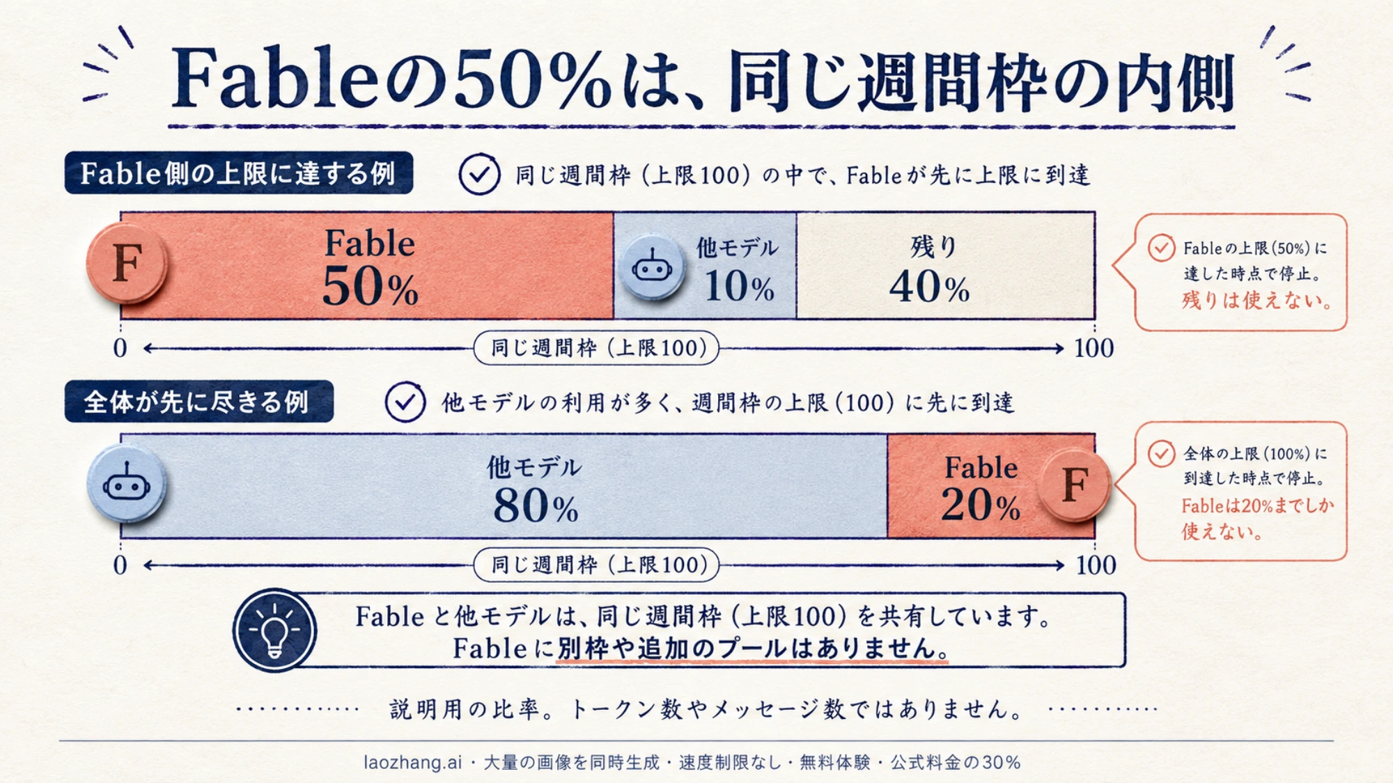 Fableと他モデルの利用を、一つの週間枠の中に色分けして示す図