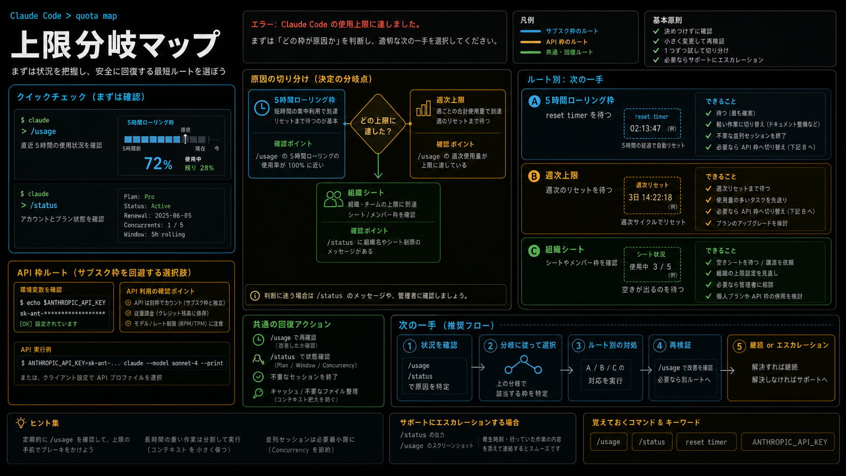 Claude Code の上限分岐マップ。サブスク、API、5時間枠、週次上限を分ける