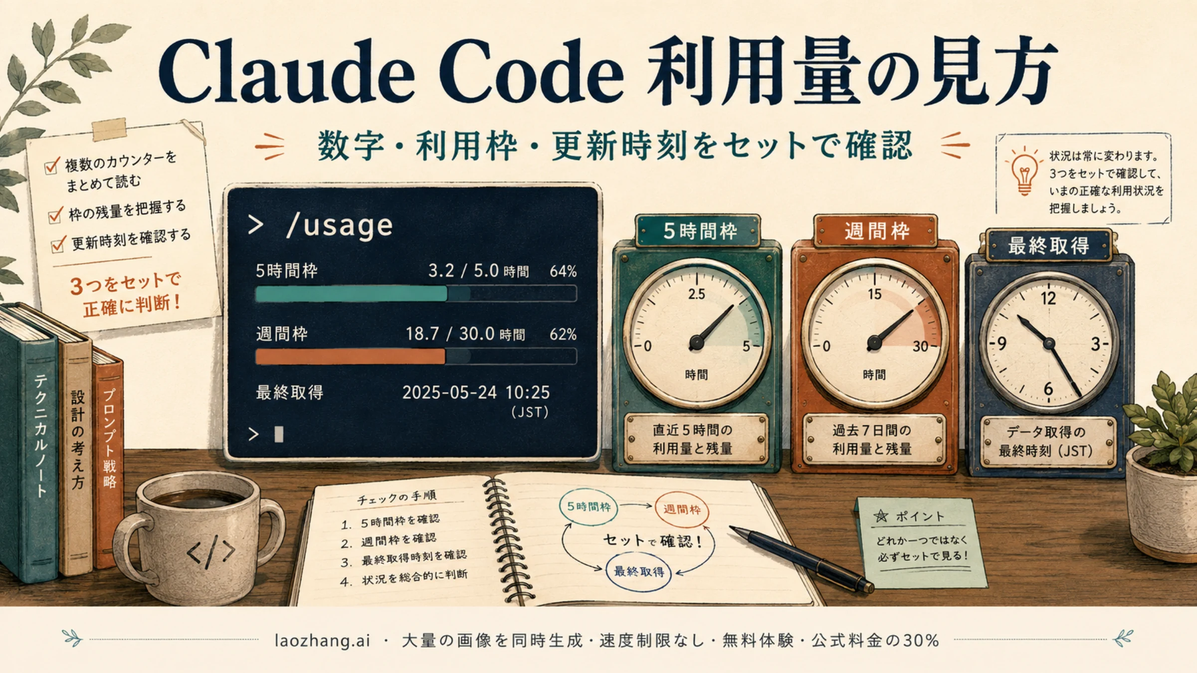 Claude Codeの利用量表示と複数の計器を並べた解説イラスト