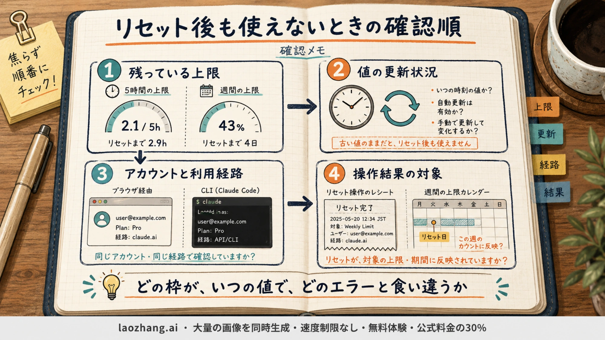 リセット後に利用できない場合の確認項目をまとめたノートのイラスト