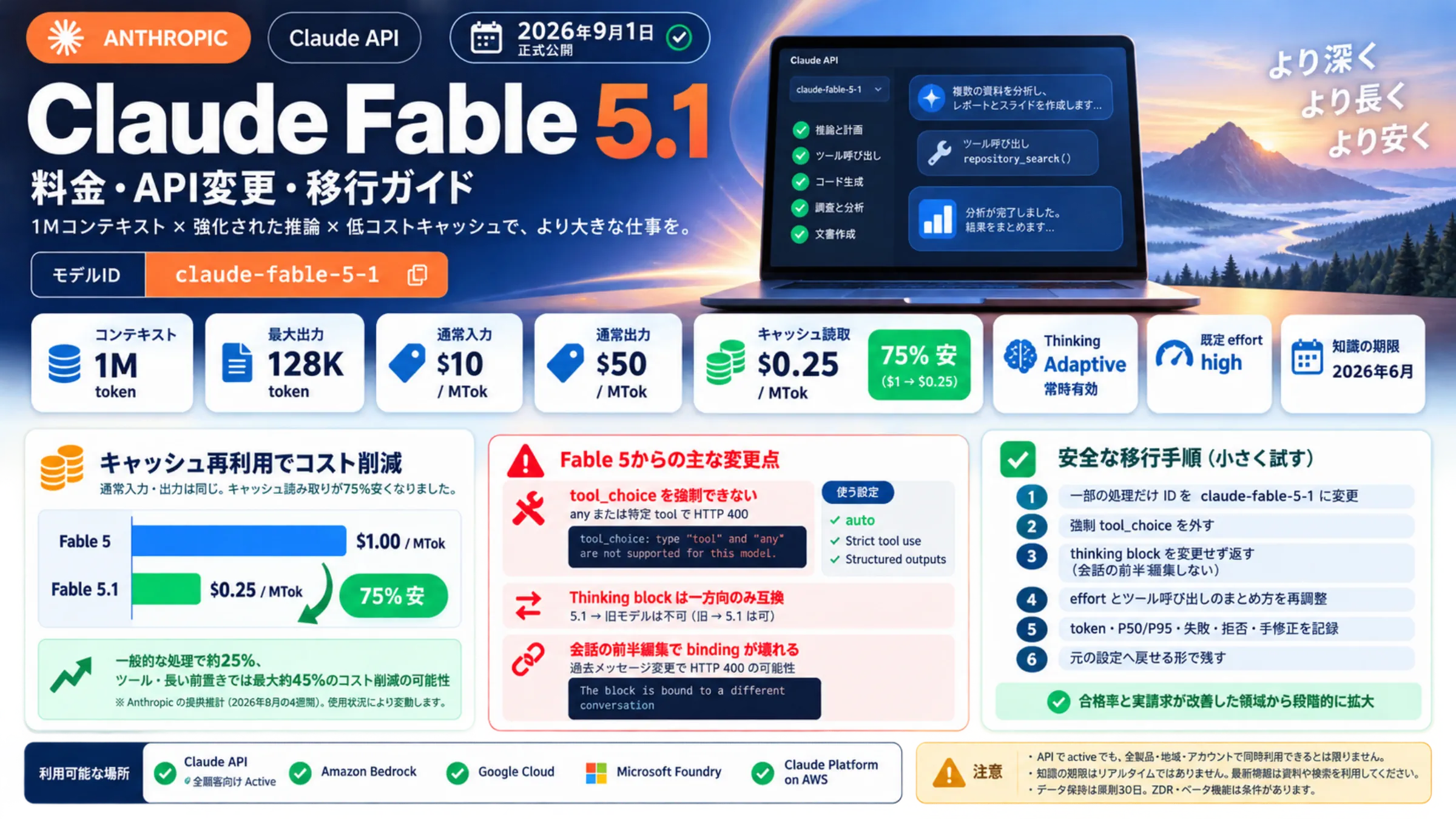 Claude Fable 5.1の公開日、API仕様、キャッシュ料金、Fable 5からの変更と安全な移行手順