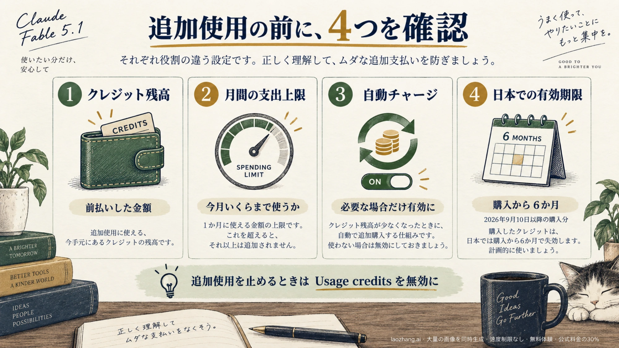 追加使用のクレジット残高、月間の支出上限、自動チャージ、日本での有効期限を分けて示した図