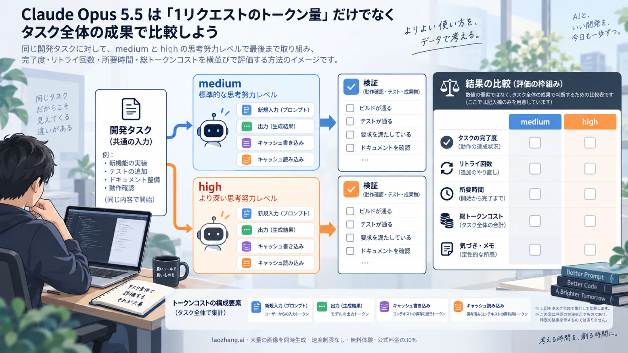 mediumとhighで同じ開発作業を試し、完了・再試行・時間・トークン費用を記録する比較手順の図