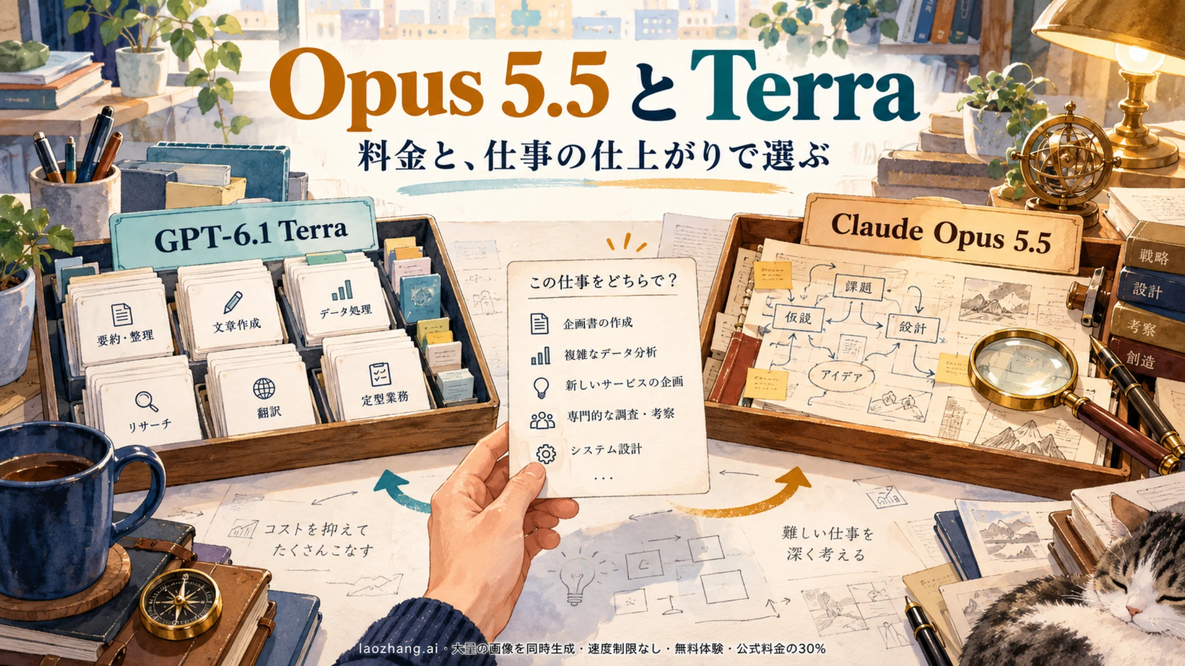 仕事のカードを手に、TerraとOpus 5.5の二つの書類トレイから用途に合うモデルを選ぶイラスト
