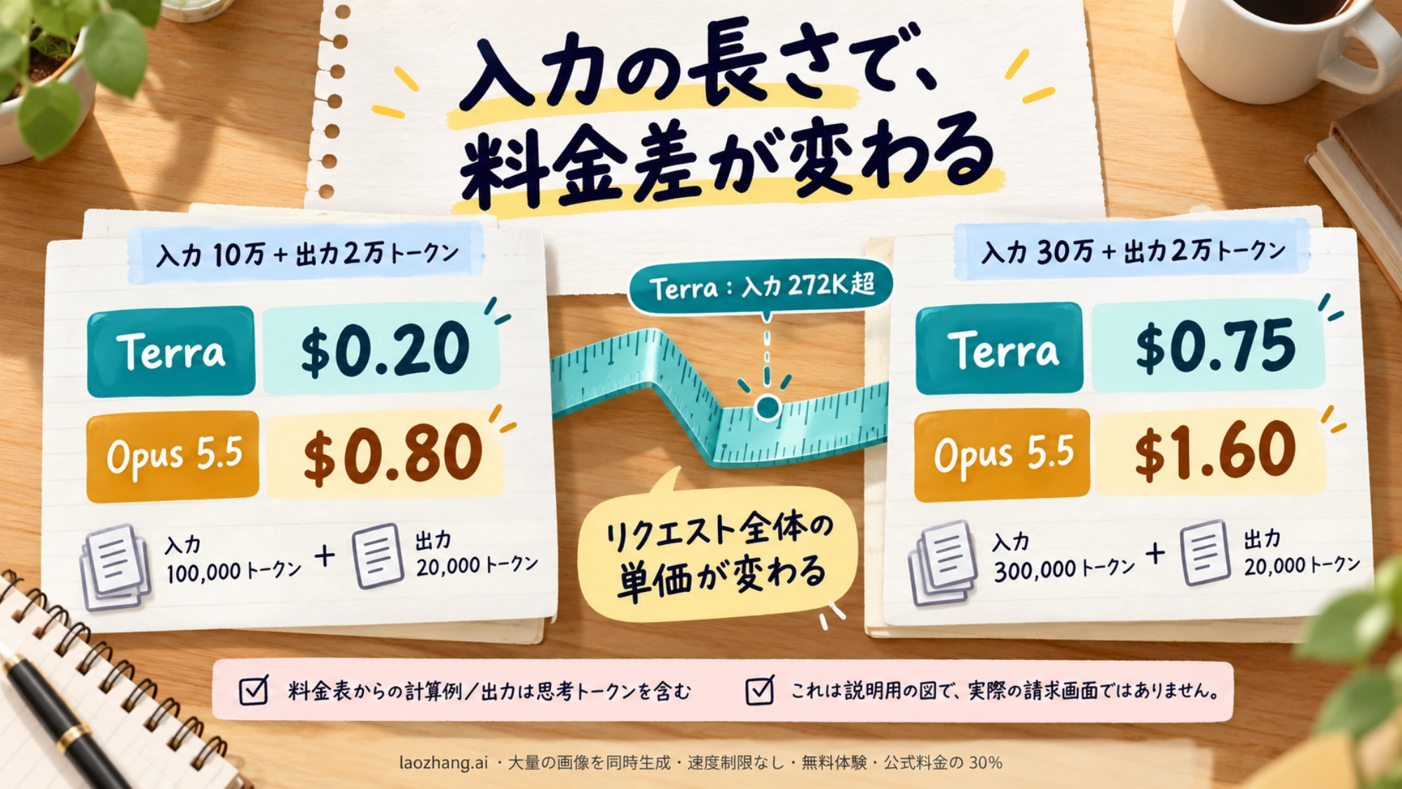 入力の長さが異なる二つの計算カードで、TerraとOpus 5.5のAPI費用を比べる図