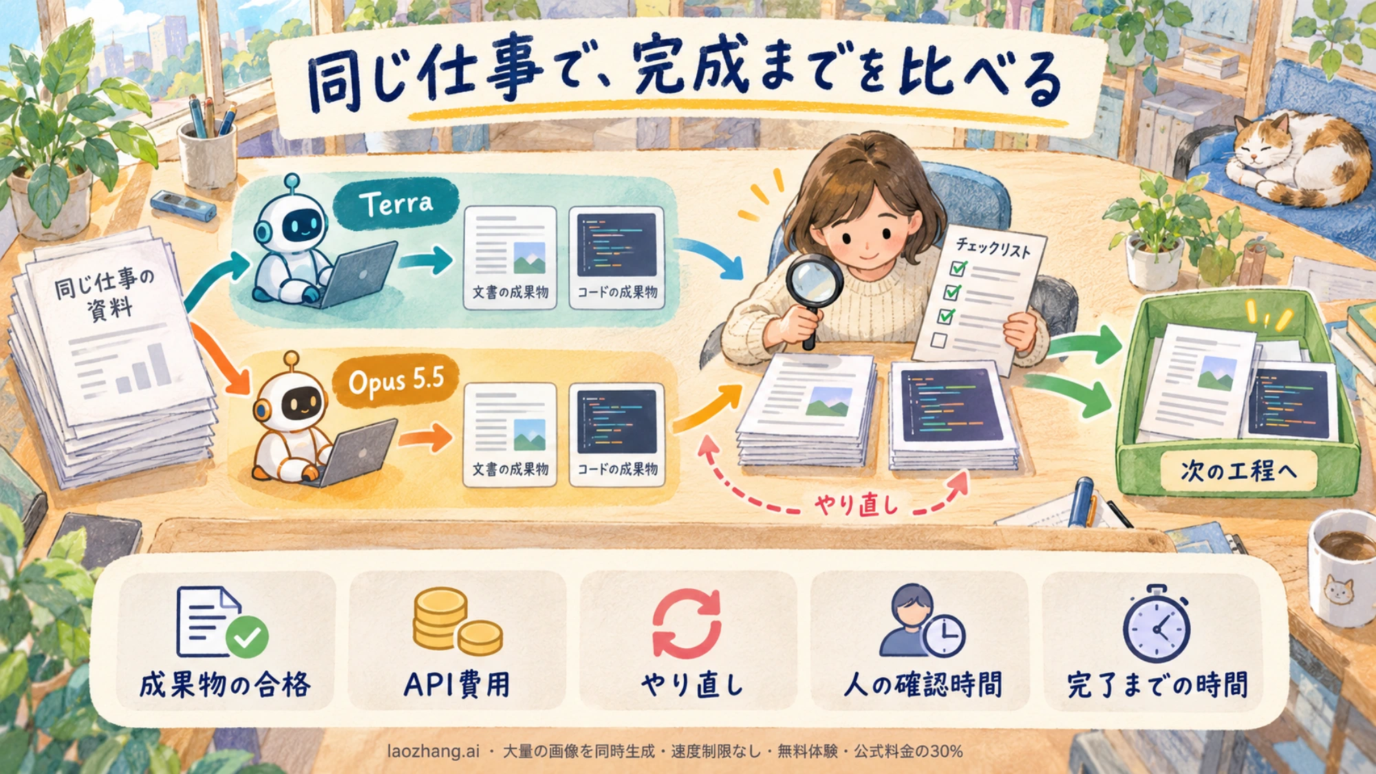 同じ資料をTerraとOpus 5.5に渡し、人が成果物を確認して次の工程へ進める流れ