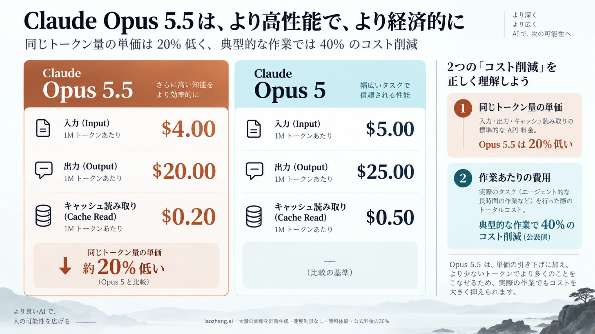 Opus 5.5とOpus 5の入力、出力、キャッシュ読み取りのAPI単価と作業単位の費用を対比した図