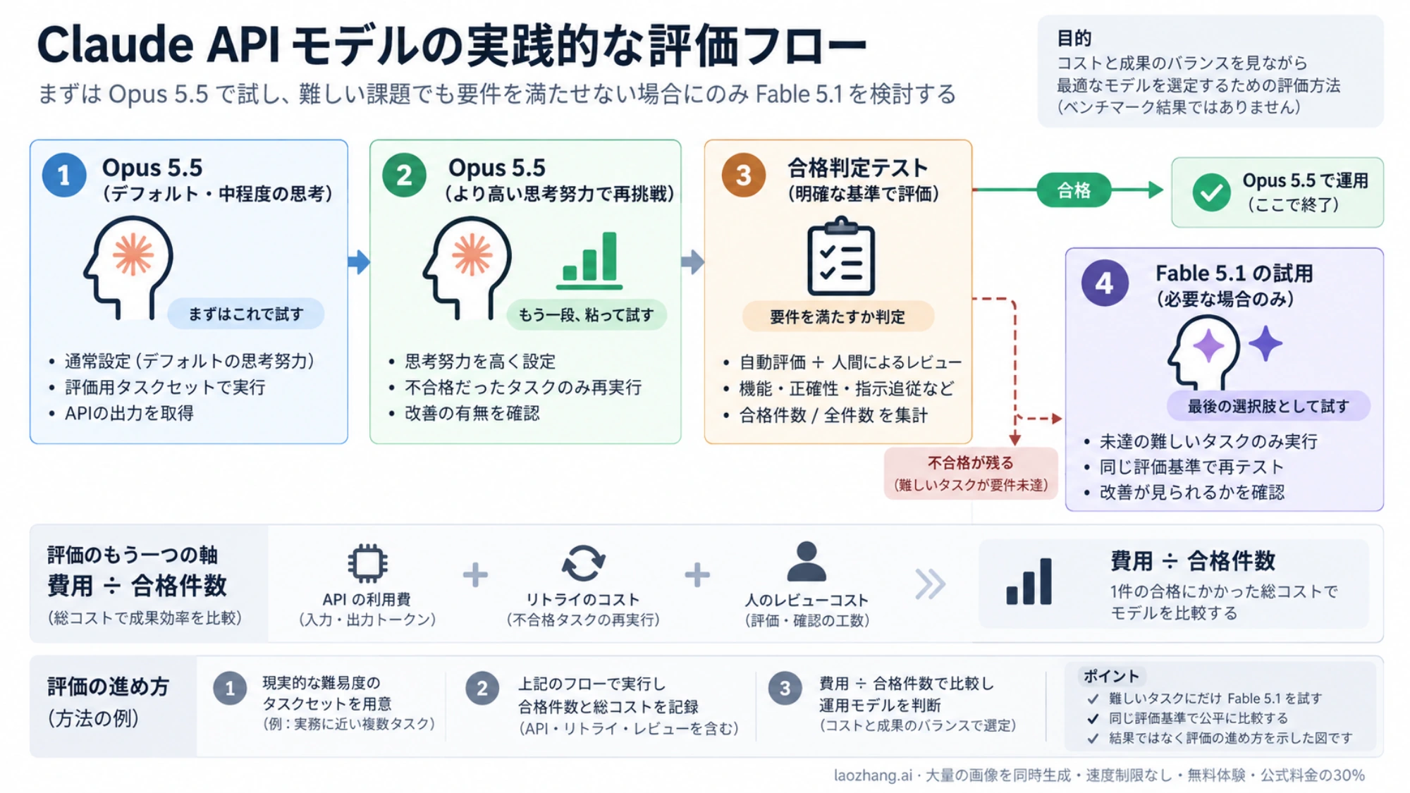 Opus 5.5を試して合格条件を確認し、必要な難所でFable 5.1を比較する評価手順の図