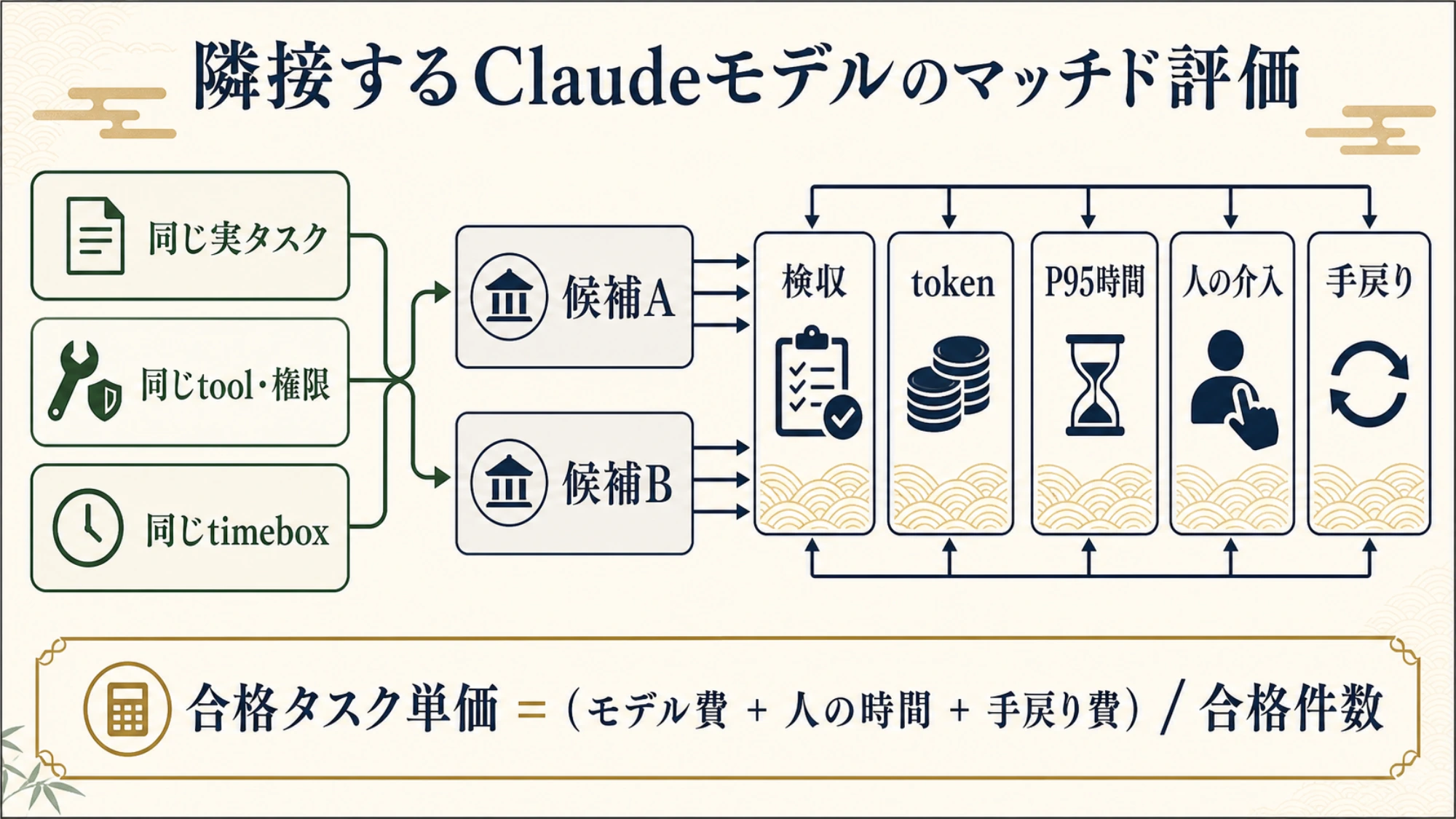 隣り合う2候補を同条件で比較し、検収・token・時間・介入・手戻りを記録する方法