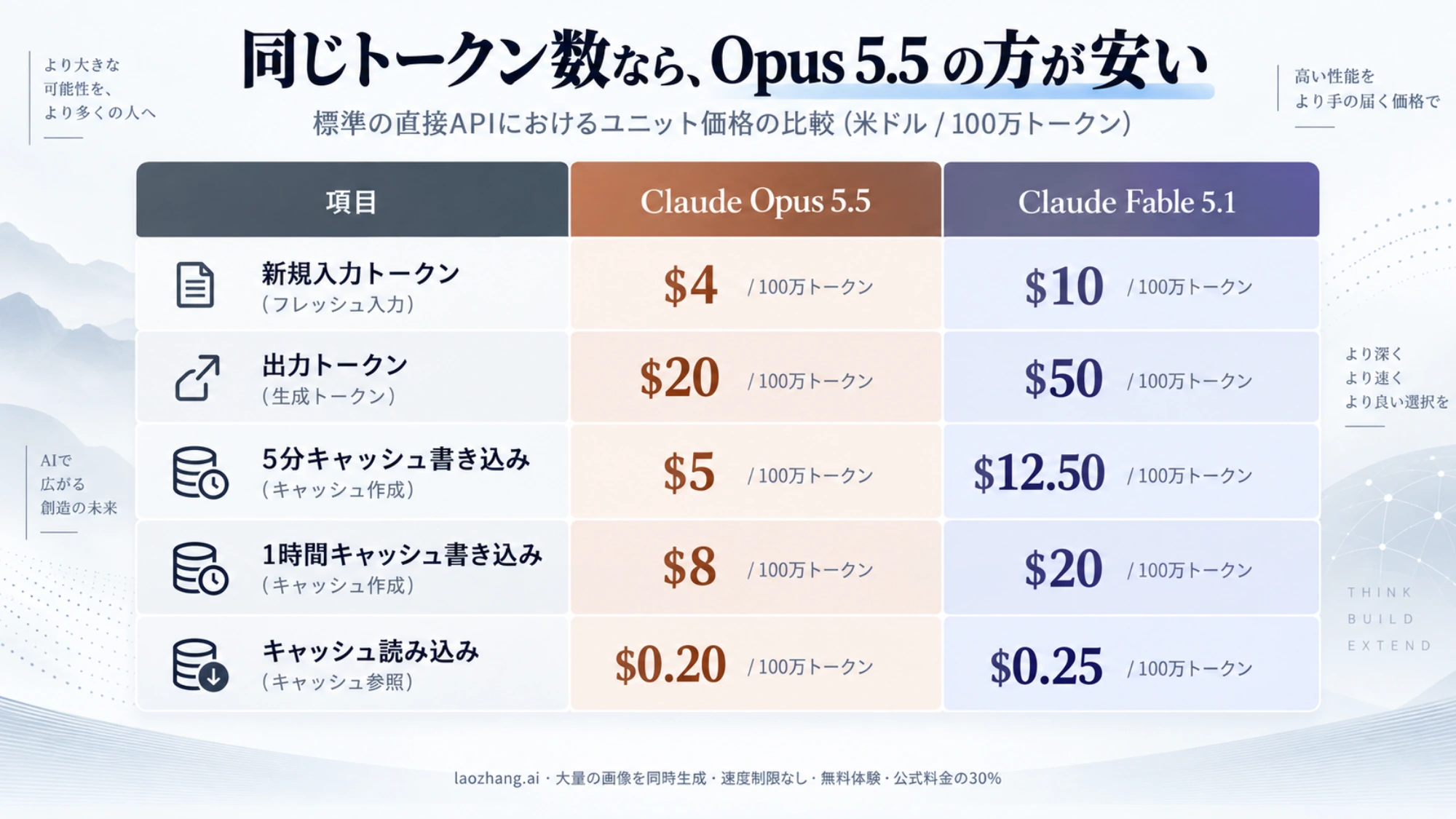 Opus 5.5とFable 5.1の新規入力、出力、キャッシュ書き込み・読み取りの標準API単価を並べた図