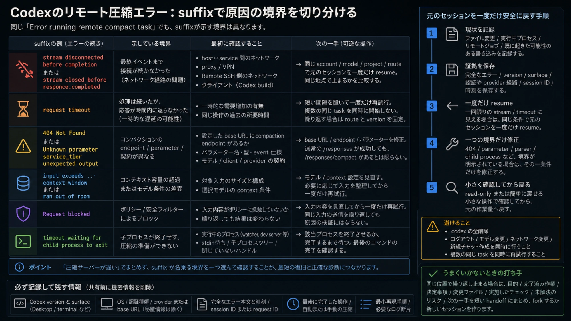 remote compact taskエラーのsuffixから原因境界と安全な回復手順を選ぶ診断表